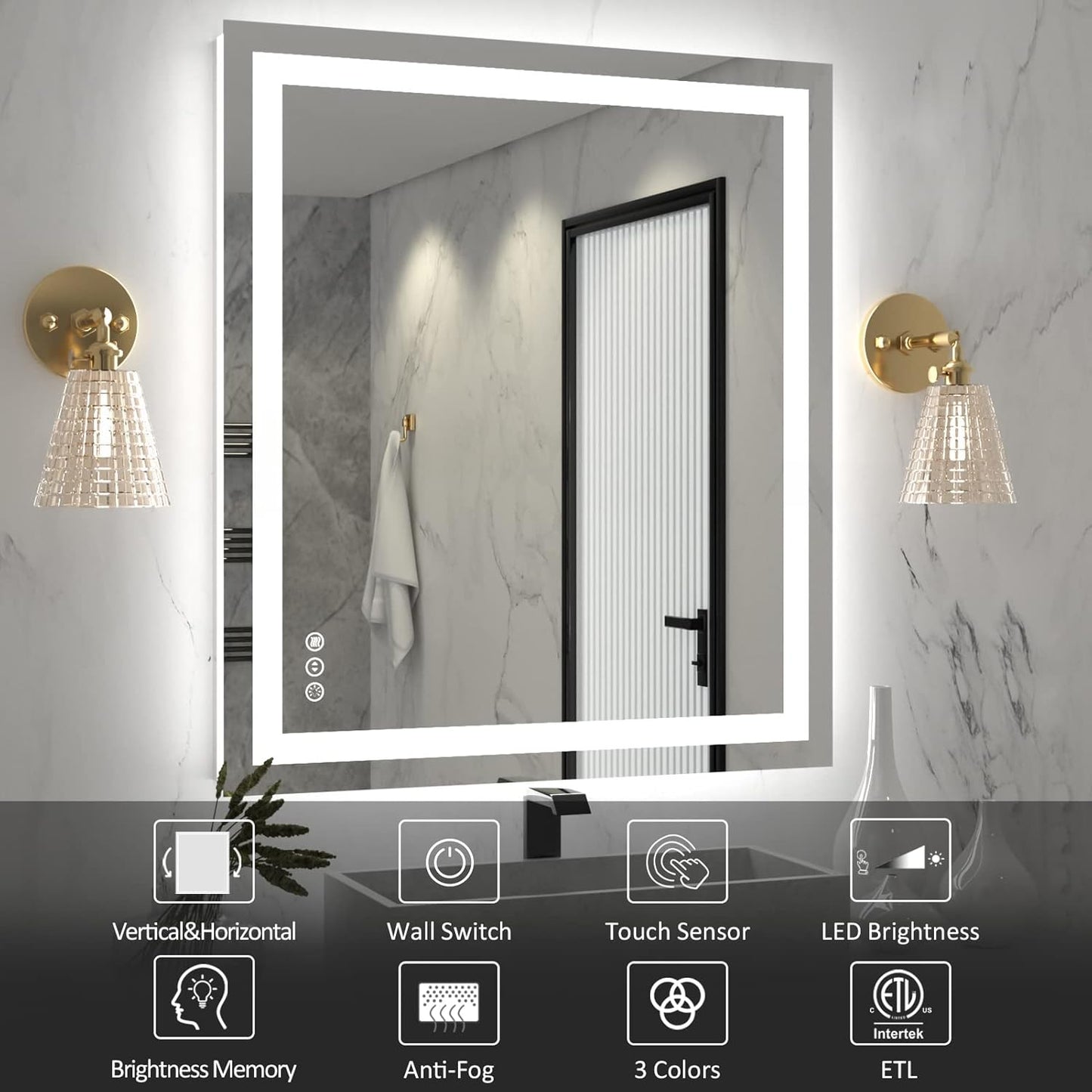 Amorho LED Bathroom Mirror 36''x32'' with Front Light and Backlit, Stepless Dimmable Wall Mirrors with Anti-Fog, Shatter-Proof, Memory, 3 Colors, Double LED Vanity Mirror (Horizontal/Vertical)