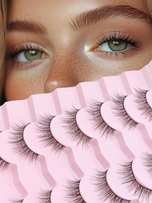 Lashes Natural Look 12MM False Eyelashes Wispy C Curl Short Eye Lashes False Lash Pack with Thin Cotton Band 3D Volume Fake Eyelashes 7 Pair Siligli