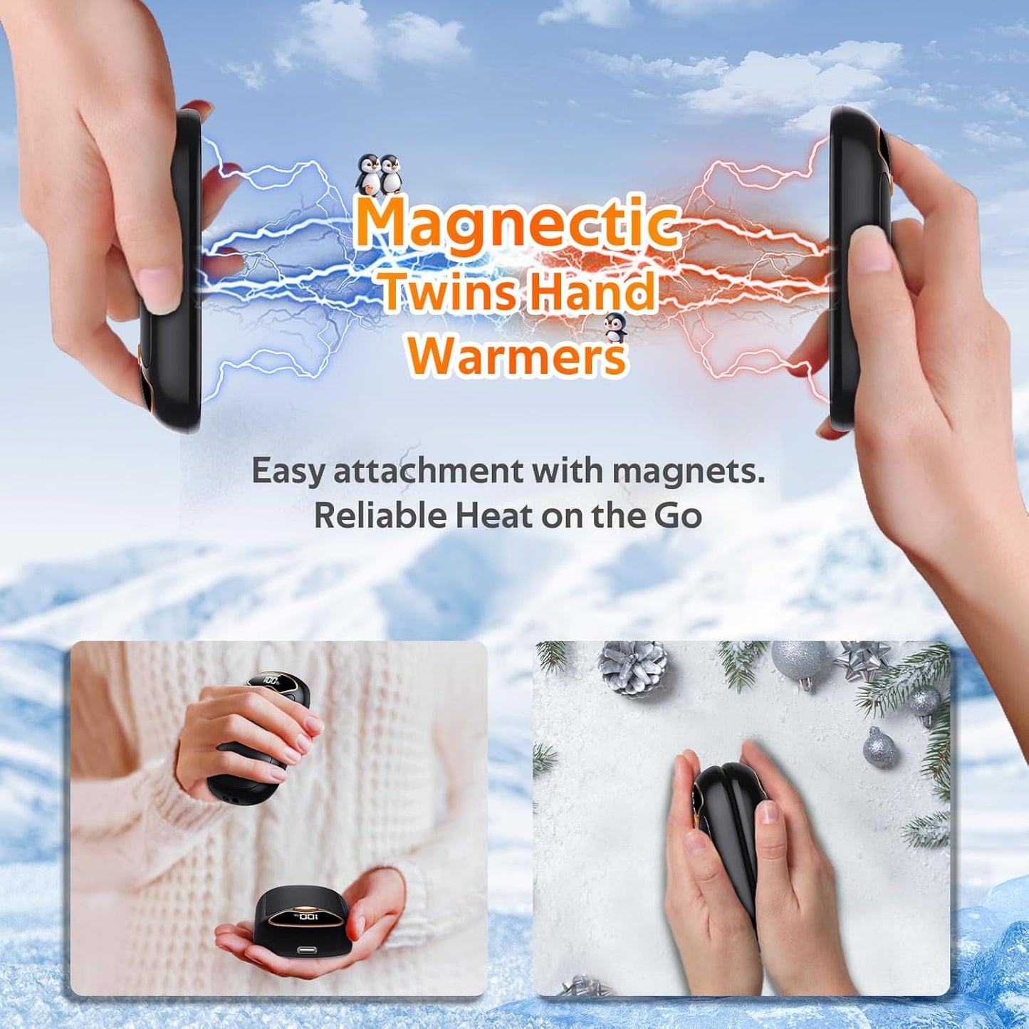 Hand Warmers Rechargeable - Magnetic Electric Hand Warmers 2 Pack, LED Display, 4 Settings Fast Heating Reusable Portable Heater Handwarmers for Golf Hunting Camping Essentials, Gifts for Men Women