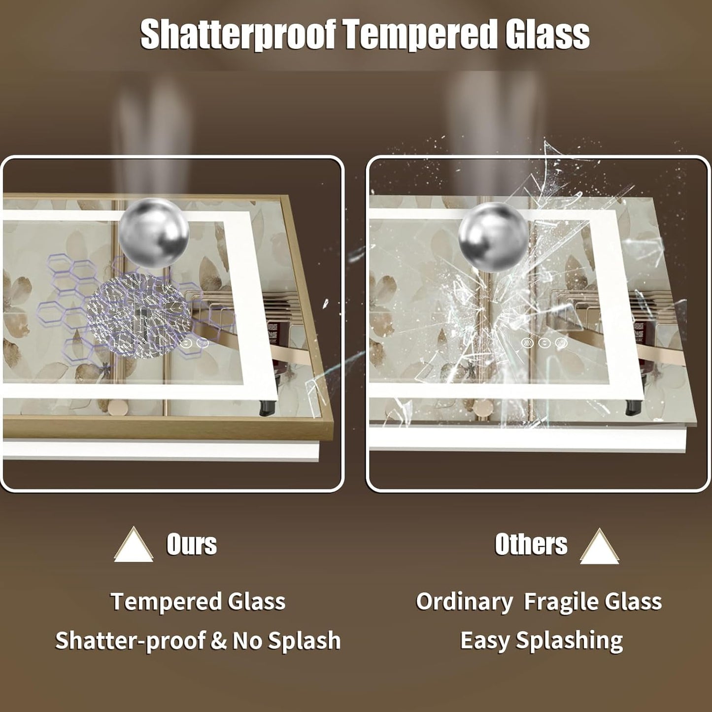 OKPAL 44x36 Gold Lighted Bathroom Mirror with Lights, Frontlit & Backlit LED Bathroom Mirror, Lighted Vanity Mirror, Anti-Fog, Dimmable 3 Colors, Shatterproof, Horizontal/Vertical