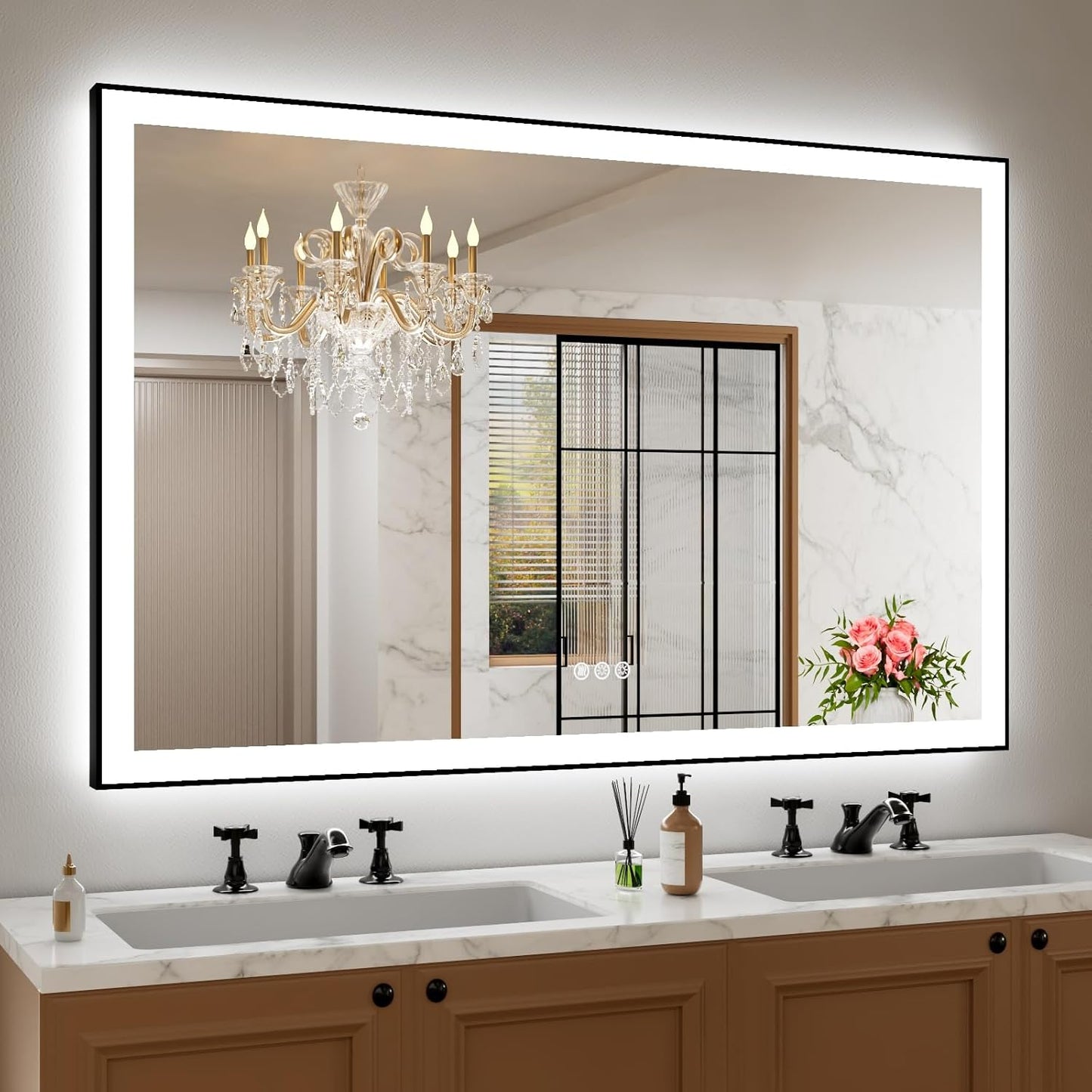 Amorho 55" X36" LED Bathroom Mirror with Black Frame, Front Light and Backlit(Controlled Separately), Stepless Dimmable, Anti-Fog, Shatter-Proof, 3 Colors, Memory