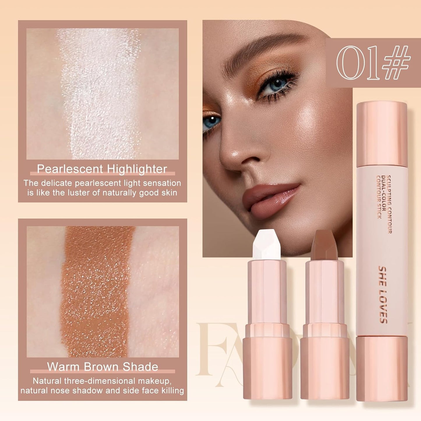 Contour Stick, Highlighter Makeup, 2 in 1 Cream Bronzer Stick-Blendable, Moisturizing Formula-Lanolin, Beeswax, Smooth Waterproof Long-lasting Effect, Buildable Contour Stick Makeup For Face (02#)