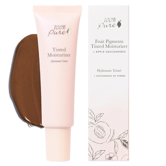 100% PURE Tinted Moisturizer Anti-Aging Face Makeup - Fruit Pigmented Cocoa Light to Medium Coverage & Dewy Glow - Lightweight Foundation Deep Skin w/Neutral Undertone - Vegan - 1 Fl Oz