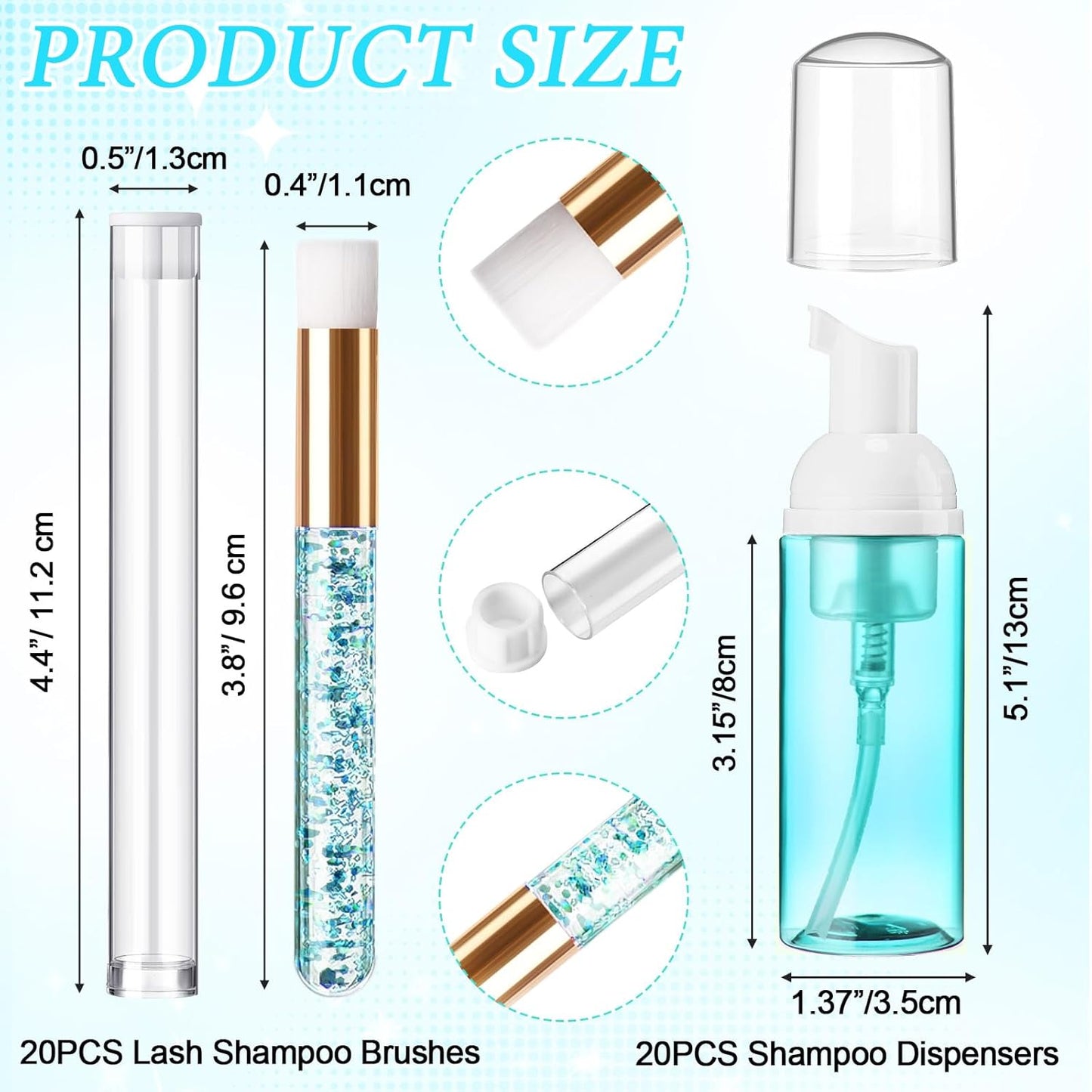 Zhehao 80 Pcs Lash Shampoo Bottle Brushes Kit 20 Foam Pump Dispensers 20 Lash Shampoo Brushes 20 Eyelash Aftercare Bag 20 Cleaning Pipes, Eyelash Extension Supplies(Blue)