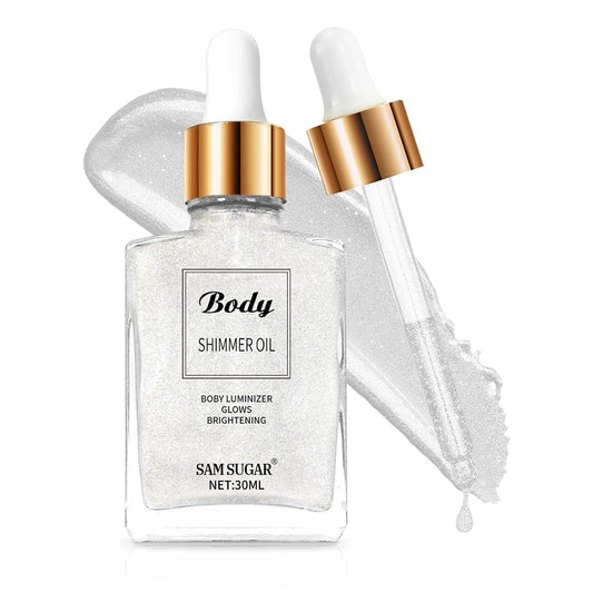 Shimmering Body Oil,Face & Body Glitter Makeup Liquid Highlighter, Moisturizing Body Glitter Dewy Highlighter,Long Lasting Highlighter Face Brighten,Liquid Face Glow Sparkles Body Oil for Women