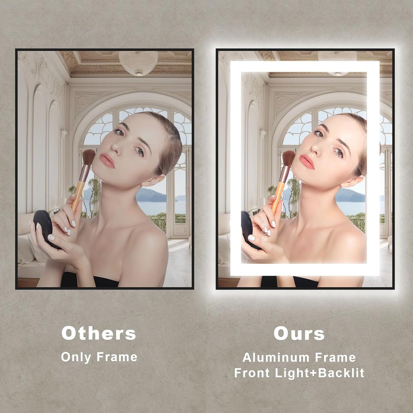 OKPAL 28x36 Black Frame LED Bathroom Mirror, Lighted Bathroom Mirror with Lights, Frontlit & Backlit Lighted Vanity Mirror, Anti-Fog, Dimmable, Shatterproof, Horizontal/Vertical