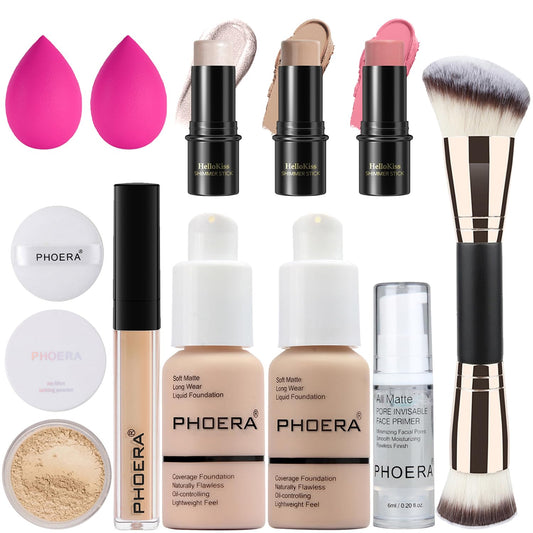 PHOERA Foundation,3 PCS Contour Stick Makeup Kit, Shades with Highlighter Stick, Blush Stick and Bronzer Contour Stick for Sculpt the Cheeks (101+102+ Fair Contour/Porcelain+ Nude+#01,#08,#13)
