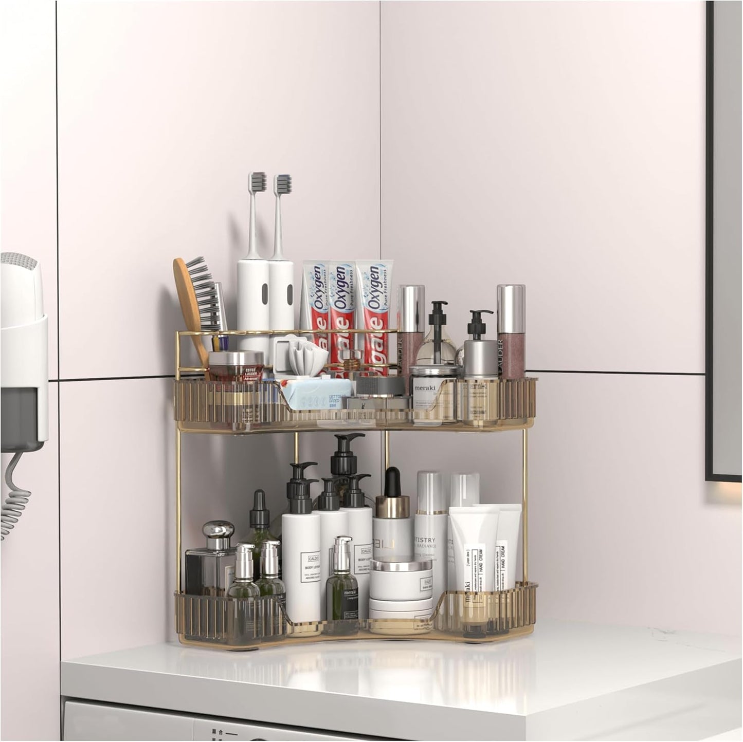 Corner Bathroom Counter Organizer with Top Toothbrush Holders, 2-Tier Make Up Organizers for Vanity with Brush Holder, Corner Storage for Bathroom, Kitchen, Dresser