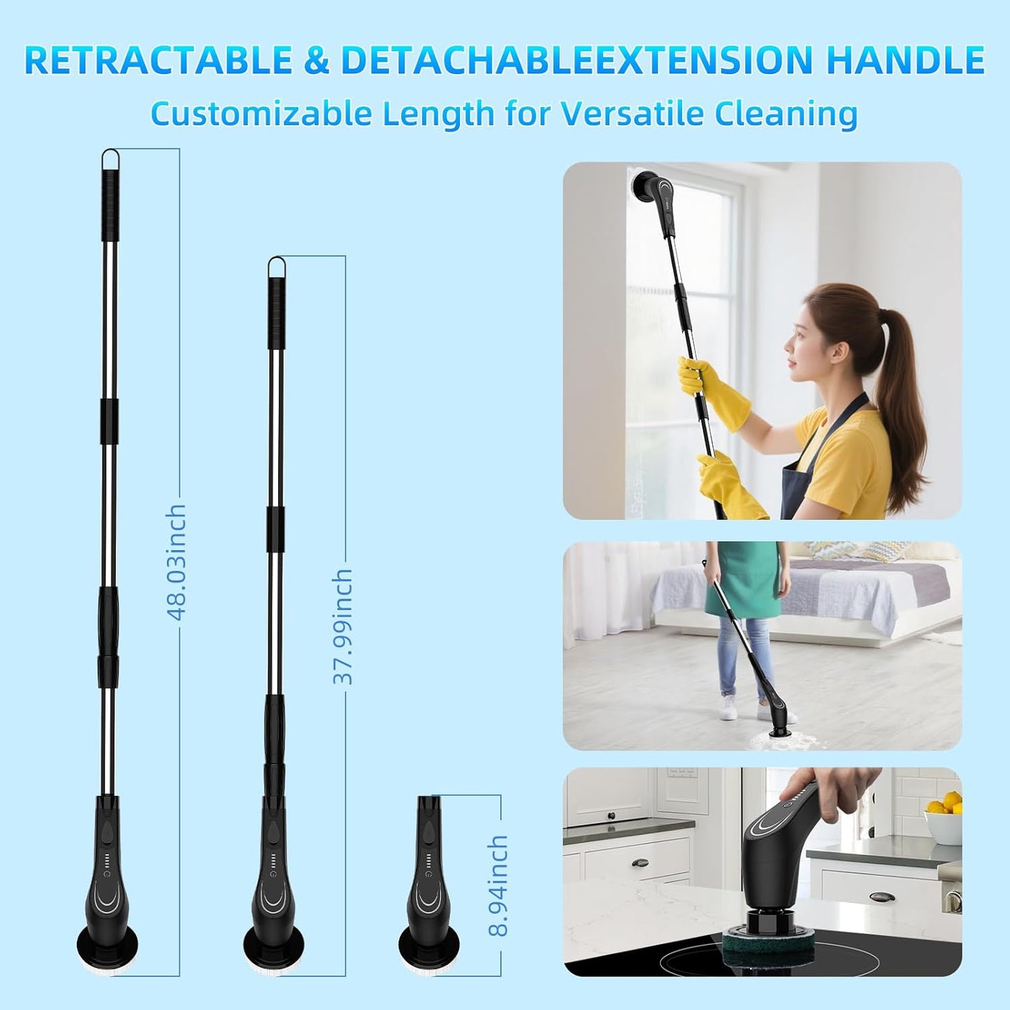 Black Electric Spin Scrubber, Cordless Spin Scrubber with 8 Replaceable Brush Heads, Electric Scrub Brush with Adjustable Extension Handle, Electric Cleaning Brush for Bathroom, Tile and Bathtub
