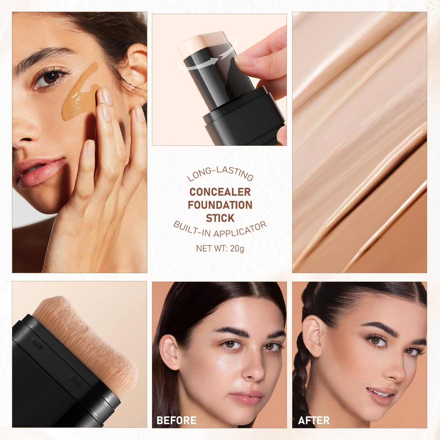 2PCS Long-Lasting Concealer Foundation Stick, Full Coverage Foundation Stick, 2-in-1 Contouring foundation with Brush, Cover Blemishes for All Skin Types (04#Wheat)