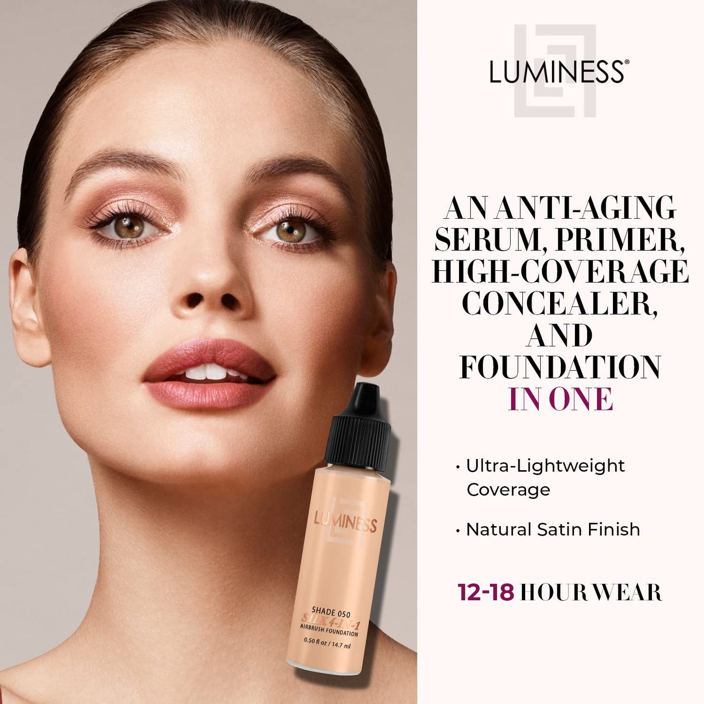Luminess Air Silk4-In-1 Airbrush Foundation- Foundation, Shade 050 (.5 Fl Oz) - Sheer to MediumCoverage - Anti-Aging Formula Hydrates and Moisturizes - Professional Makeup Kit for Cordless Air Brush