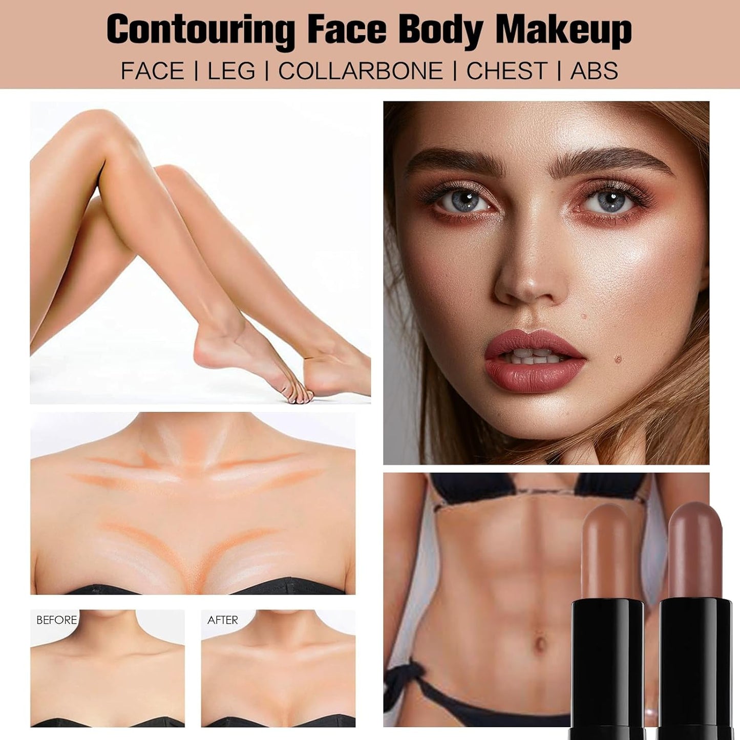 Contour Stick, 2Pcs Dual-Ended Highlighter Makeup Pen & Contouring Stick for Face Shaping, Long Lasting Waterproof Cream Bronzer & Highlight Sticks Make Up Kit for All Skin Tones (01# + 04#)