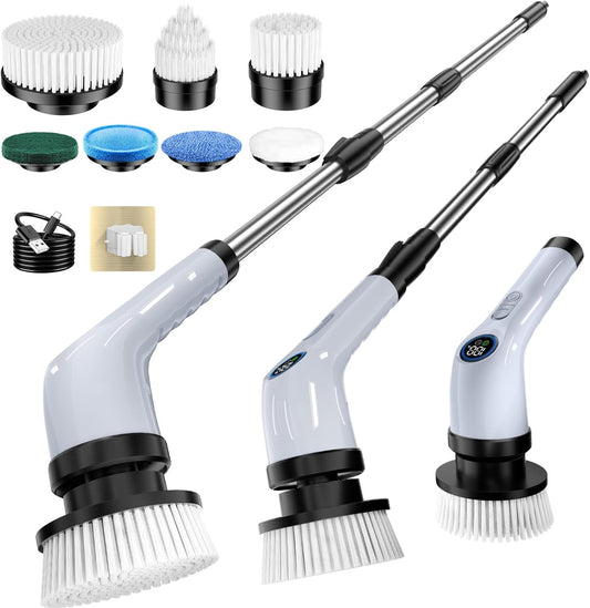 Electric Spin Scrubber Upgraded Battery with Extra-Long Runtime, IPX7 Waterproof Power Cleaner with 7 Brush Heads, 2 Speeds Adjustable Long Handle for Bathroom, Floor, Shower, Tile & Kitchen Cleaning