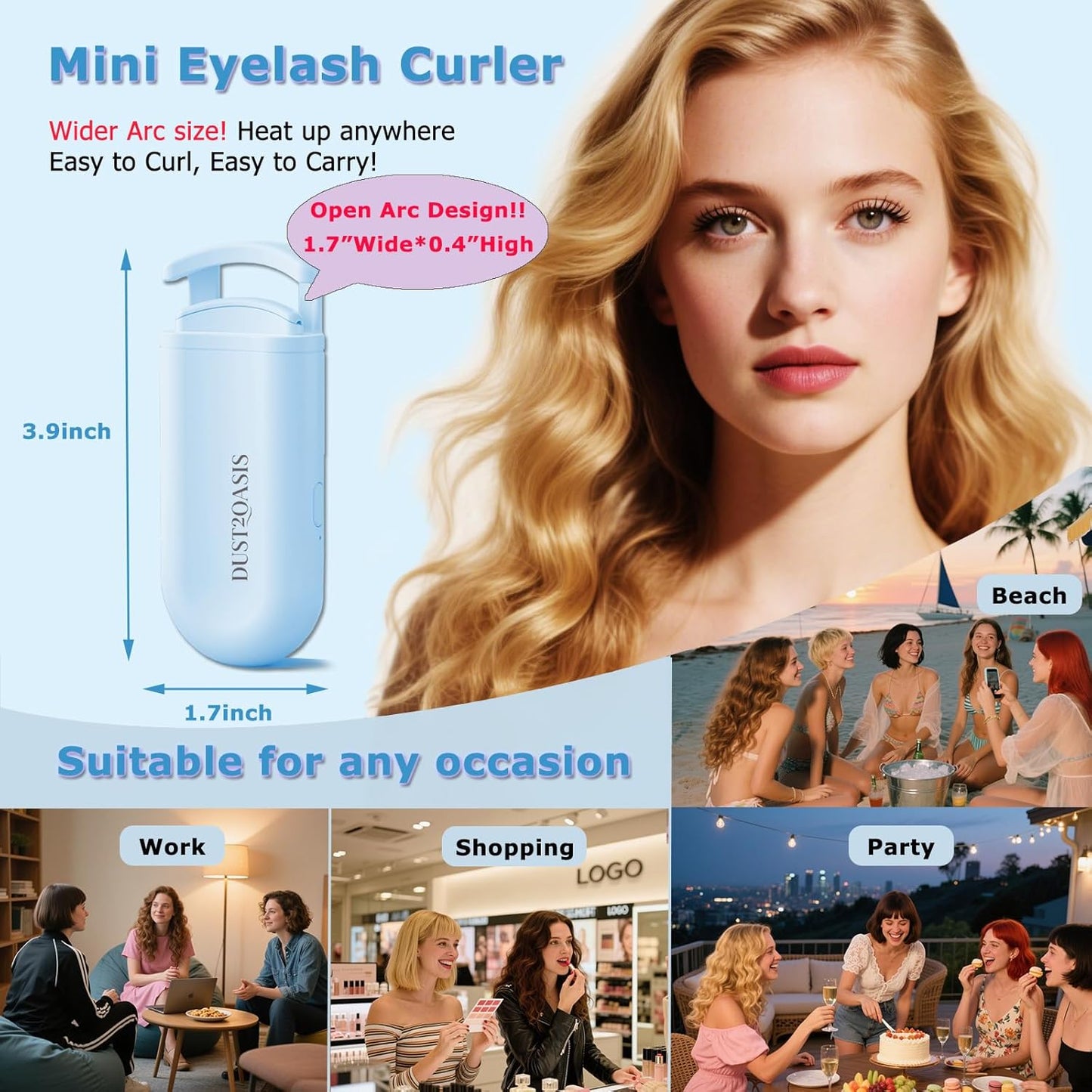 Heated Eyelash Curler - Wide Open Dual-Arc Design Heated Lash Curler - Electric Eyelash Curler - Type-C Rechargeable Mini Lash Curler Natural Curling 24H Long Lasting for Women - Blue