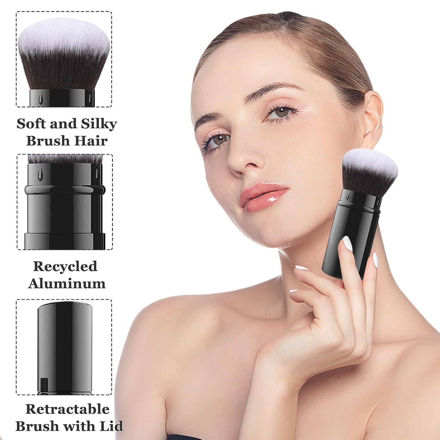 Falliny Retractable Makeup Brush, Travel Kabuki Face Blush Brush, Portable Powder Foundation Sunscreen Brush with Cover for Blush, Bronzer, Buffing, Flawless Powder Cosmetics