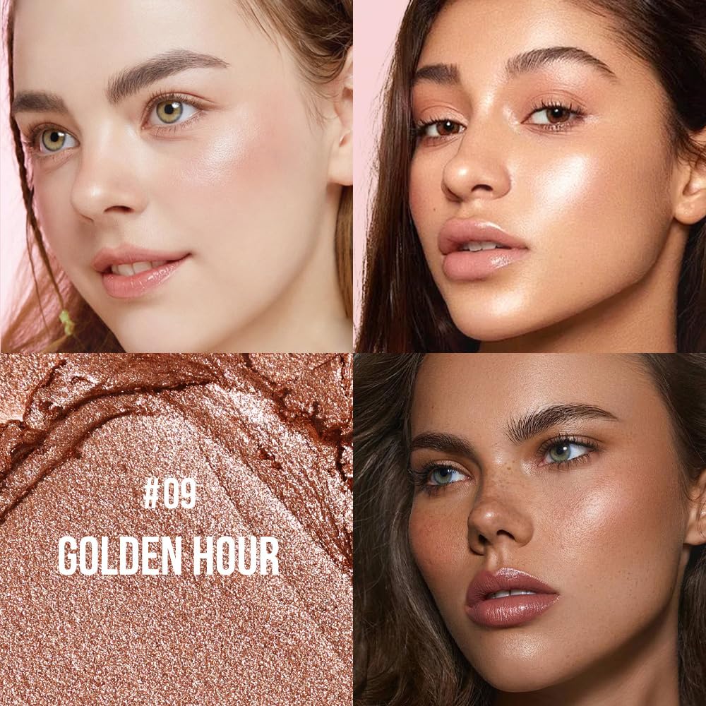 Multi-Use Waterproof Highlighter Stick with Brush – Unidollss 3-in-1 Cream Contour, Bronzer & Blush Stick for Cheeks, Eyes & Lips, Long-Lasting Glow, Easy Application(09 GOLDEN HOUR)