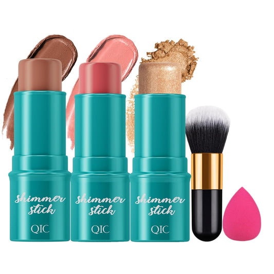 3pcs Face Contour Stick, Highlighter Stick Blush Stick Cream Contour Kit Makeup Set with Brush, Contouring Stick for Fair Skin, Concealer Stick Makeup Gift for Beginner Women Teen Girls