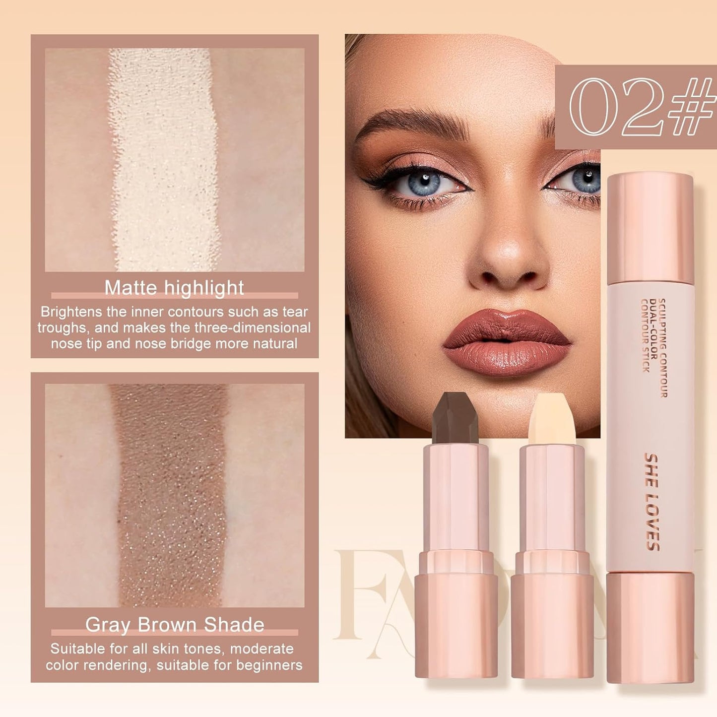 Contour Stick, Highlighter Makeup, 2 in 1 Cream Bronzer Stick-Blendable, Moisturizing Formula-Lanolin, Beeswax, Smooth Waterproof Long-lasting Effect, Buildable Contour Stick Makeup For Face (02#)