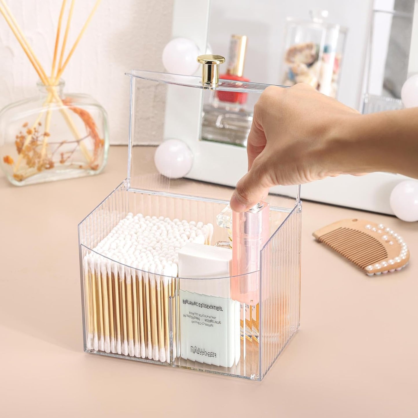 Tbestmax Qtip Holder Dispenser 2-Section Clear Bathroom Organizer 2 Grids Cotton Swab/Pad/Ball Holder Container Cosmetics Storage for Vanity