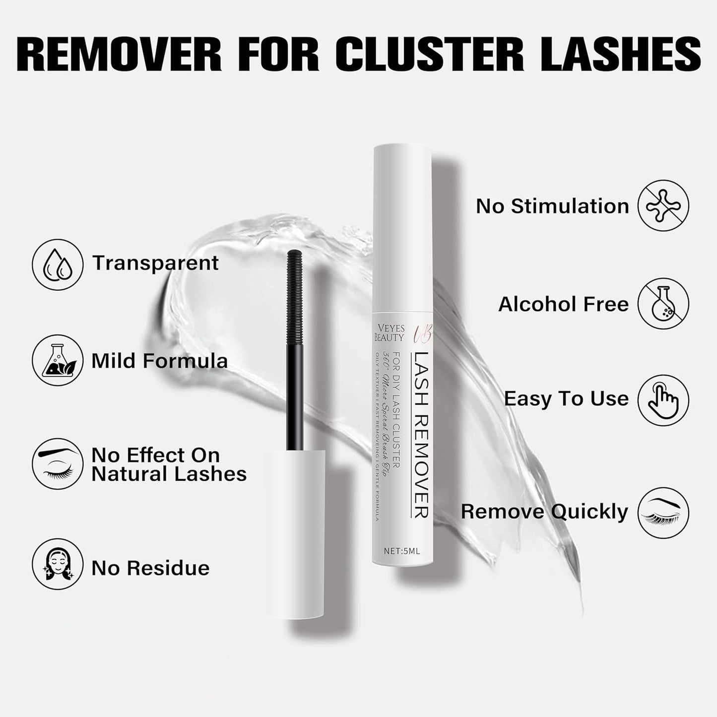 VEYESBEAUTY Cluster Lash Glue Remover 5ML Eyelash Remover for DIY Lash Extensions at home Clear Remover for Self-application Individual Lashes