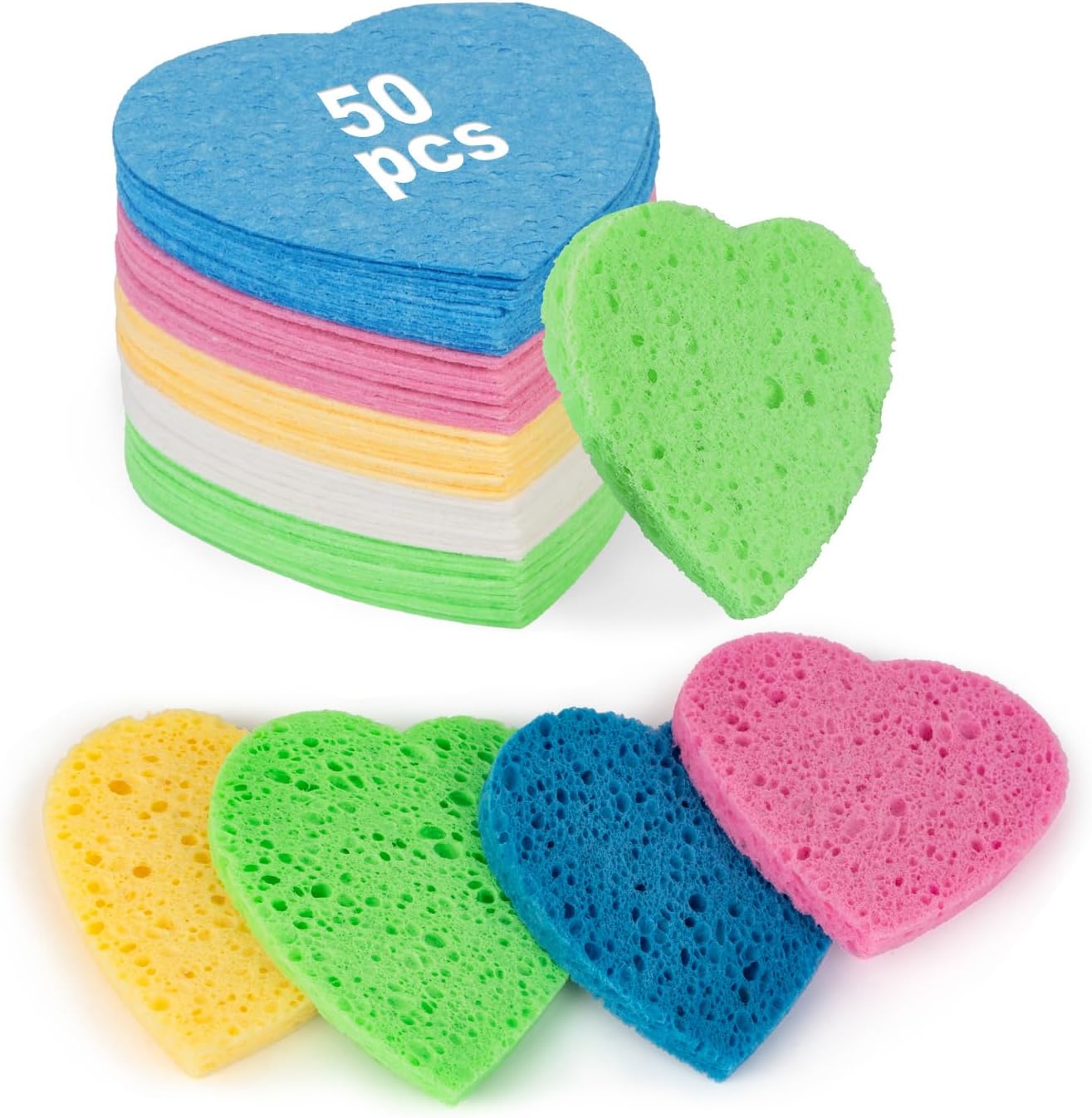 50-Count Heart Shape Compressed Facial Sponges,100% Natural Cellulose Face Sponge Spa Sponges for Removing Dead Skin, Dirt and Makeup((Multicolor)