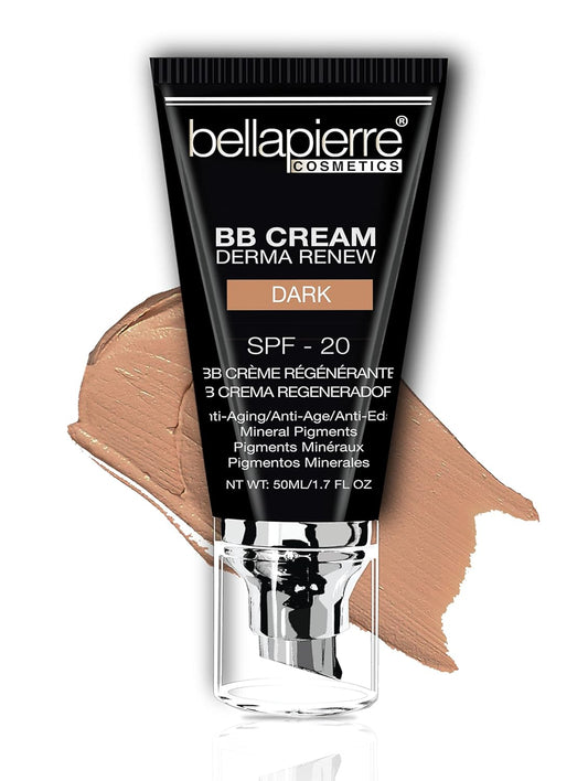 bellapierre BB Cream with SPF 20 - Tinted Sunscreen, Concealer, Matte Foundation, & Moisturizing Face Cream | Lightweight Formula + Pump Top Applicator | Non-Toxic & Paraben Free | 1.7 Oz - Dark