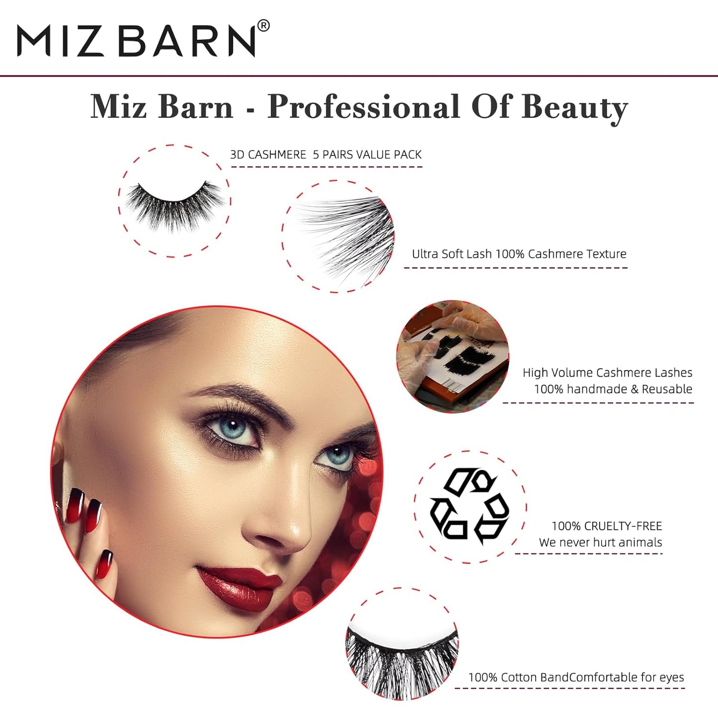 Miz Barn Lashes 5 Pairs Cat Eyes Wispy Lightweight Natural 3D Cashmere Soft Long Extension Eyelashes Pack Handmade Luxurious Volume Fluffy False Eyelashes (CF102)