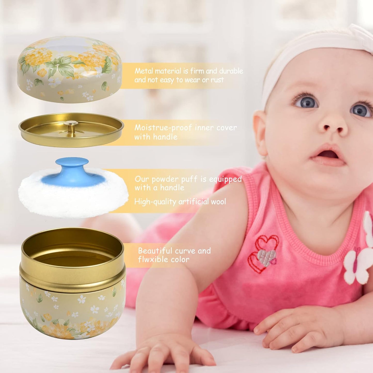 WEMEGA Body Powder Case with Powder Puff Powder Container Tea Box for Baby and Women Powder Puff and Powder Case for Travel (Yellow Flower1)