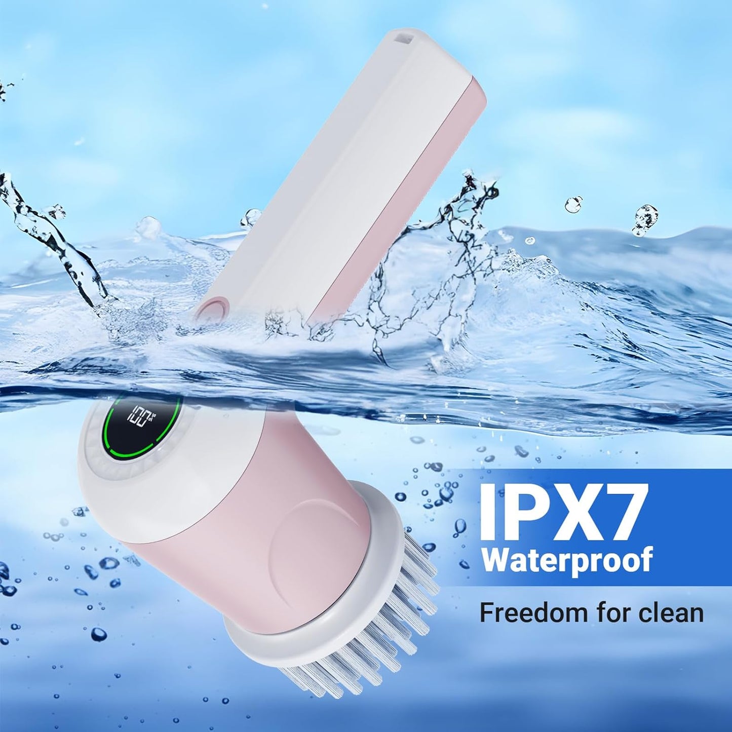 Electric Spin Scrubber, Cordless Shower Scrubber with Battery Level Display, 2 Speeds Electric Scrubber for Cleaning with 6 Replaceable Heads, Cleaning Brush for Bathroom/Sink/Window (Pink)