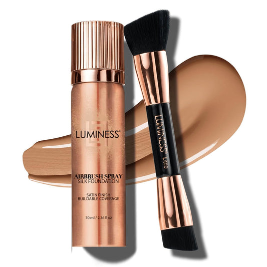 LUMINESS Silk Airbrush Spray Foundation & Buffing Brush Kit – Full Coverage Foundation & Dual-Sided Buffing Brush - Buildable Coverage, Anti-Aging Formula Hydrates & Moisturizes (Shade - Warm)
