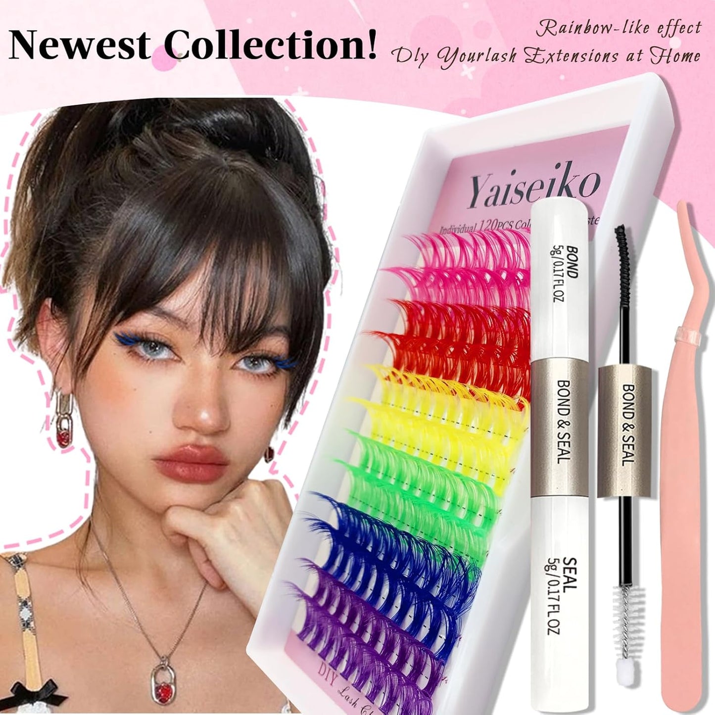 Eyelash Extension Kit Colored Lash Clusters Lash Extension Kit 6 Colors Rainbow Lash Clusters with Bond and Seal and Applicator Colorful Lash Extensions 14mm&16mm D Curl Lashes Cluster by Yaiseiko
