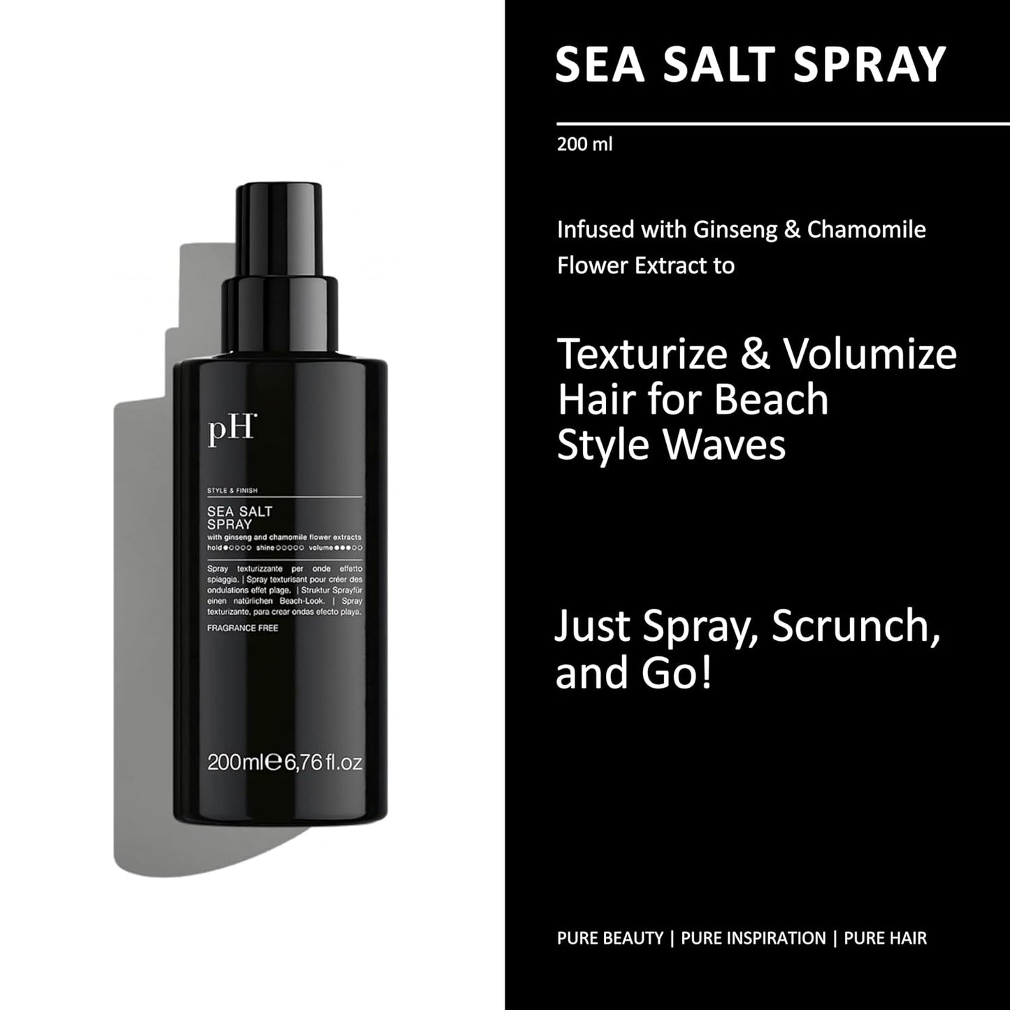 pH PURE HAIR Sea Salt Spray for Beach Waves - Volumizing Hair Spray for All Hair Types - Lightweight Unscented Formula for Textured Wavy Hair - Perfect for Curly, Wavy & Straight Hair - 6.76 Oz