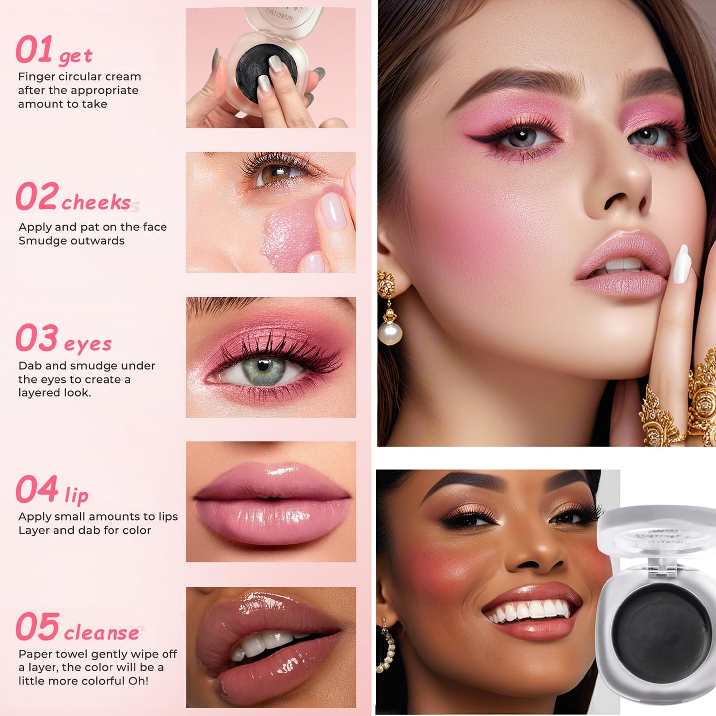 Cream Blush Makeup, Natural Pink/Black Glossy Face Blusher, Color Changing Cream Blush for Cheek and Lip Tint, Blendable Formula, Matte and Dewy Finish Lightweight Blush Makeup (Black, One)