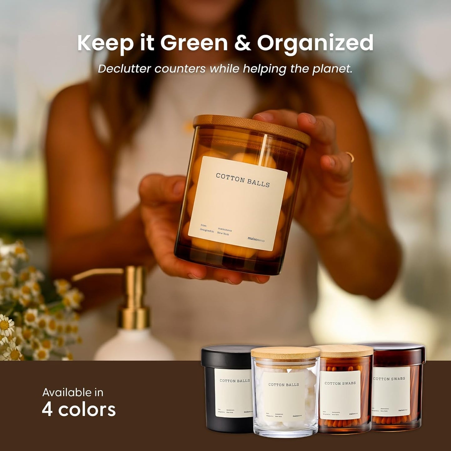 MaisoNovo Qtip Holder Bathroom Set – Airtight Cotton Ball Holder with Lid to Store Cotton Rounds, Swabs, Floss Picks, Hair Ties with free labels pack - 2 Amber Jars with Bamboo Lids