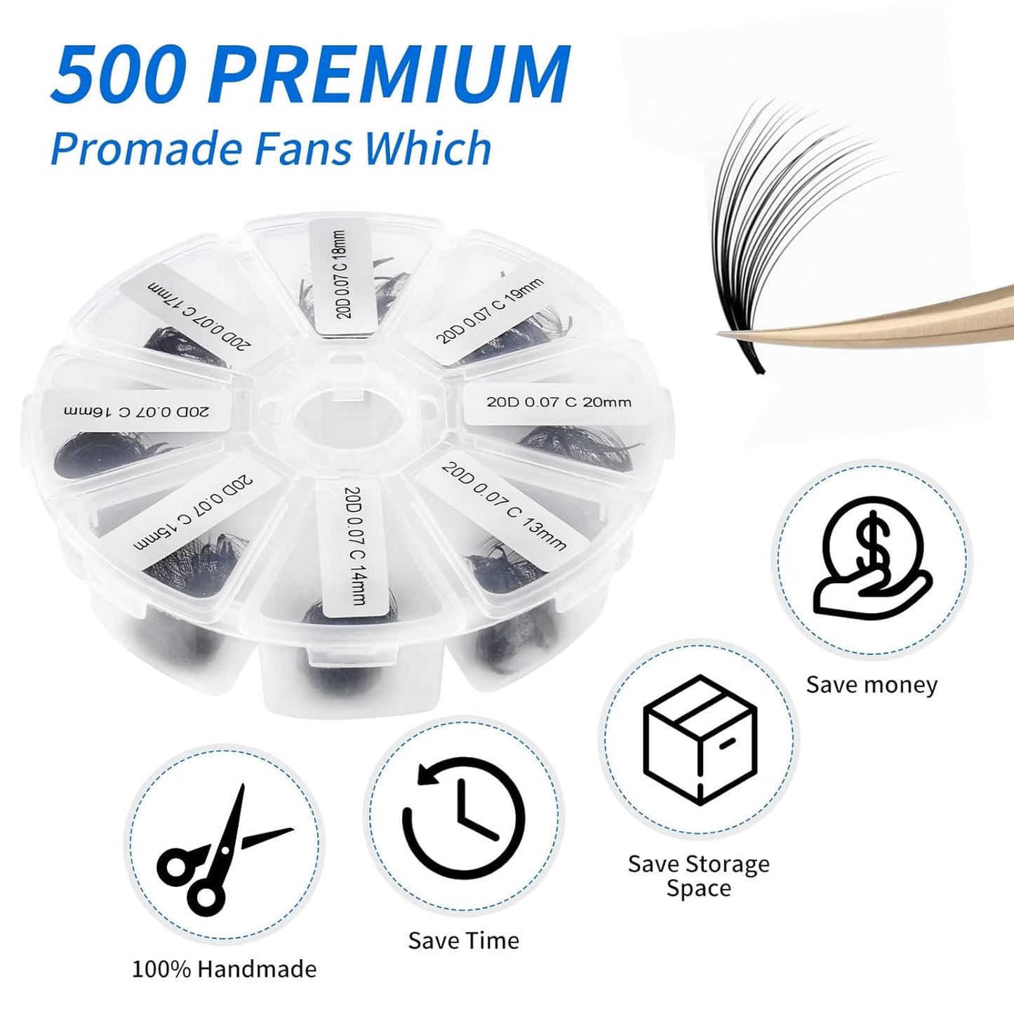 Premade Fans for Lash Extension: 20P, Wendy, Handmade Fans, Pre-made, For Lash-Artists, D, 9-16mm