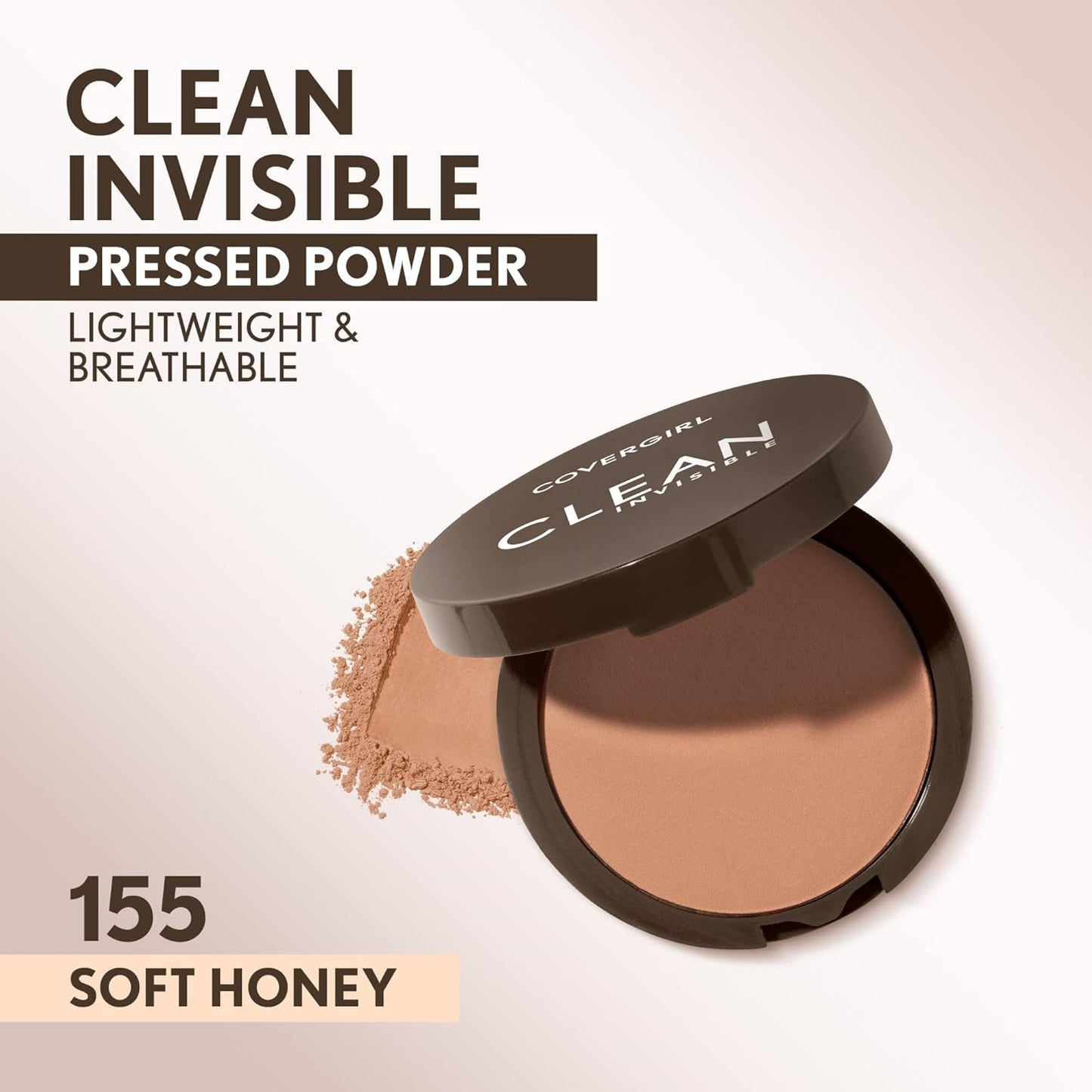 Covergirl Clean Invisible Pressed Powder, Lightweight, Breathable, Vegan Formula, Soft Honey 155, 0.38oz