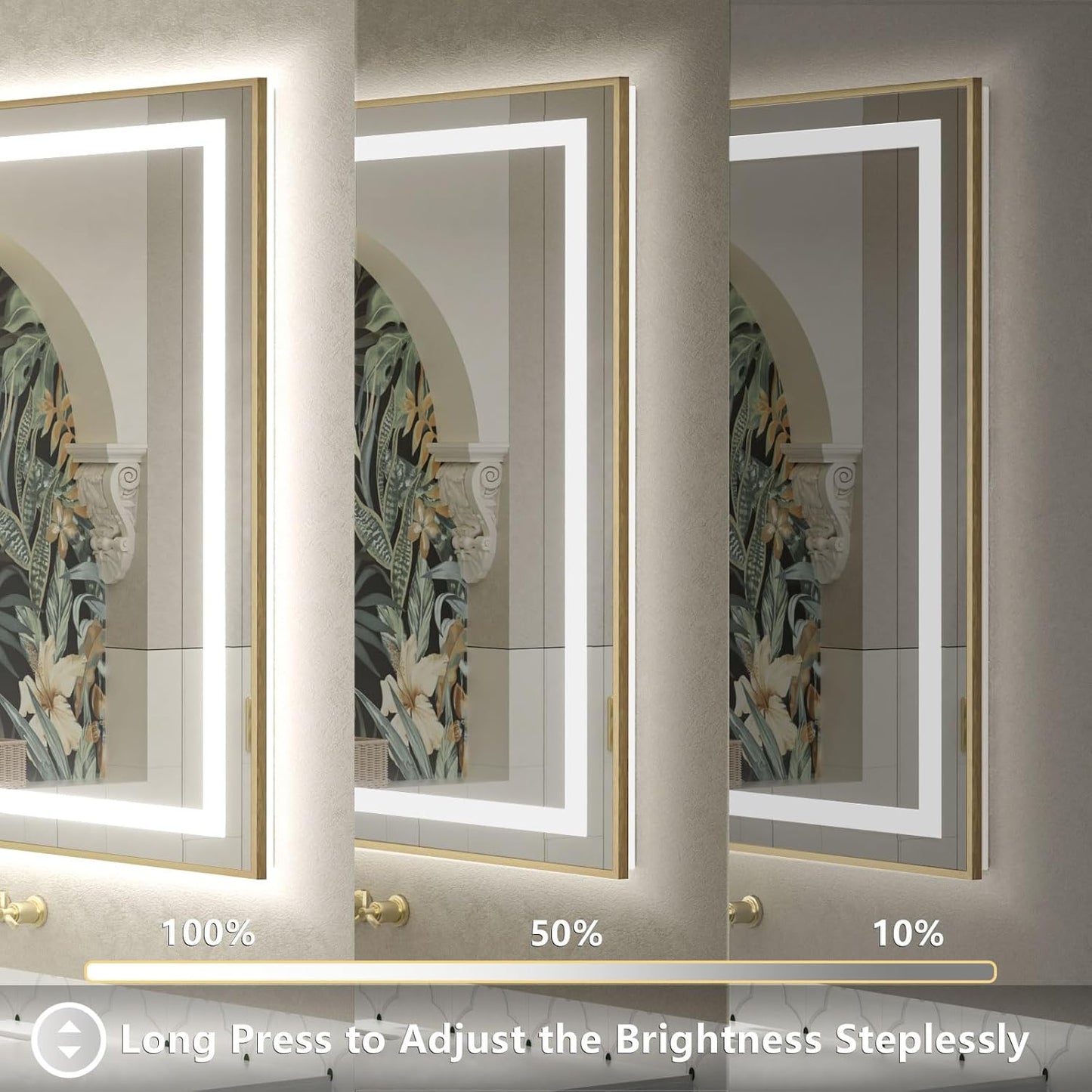 OKPAL 24x30 Gold LED Bathroom Mirror with Lights, Frontlit & Backlit Metal Framed Mirror, Lighted Bathroom Vanity Mirror, Anti-Fog, Dimmable 3 Colors, Shatterproof, Horizontal/Vertical