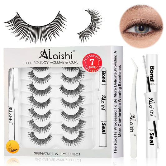 Wispy False Eyelashes Kit With Bond, Seal and Tweezer, 7 Pairs Natural Look Fake Cat Eye Lashes Strips Thin Band Extensions Waterproof Easy Eyelashes for Beginners DF2