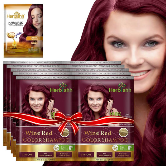 Herbishh Hair Color Shampoo – Natural Dye for Gray Hair, with Argan Mask, Travel Size, Long-Lasting Tint in Minutes, 10+1 Pack, Ammonia-Free (Wine Red)
