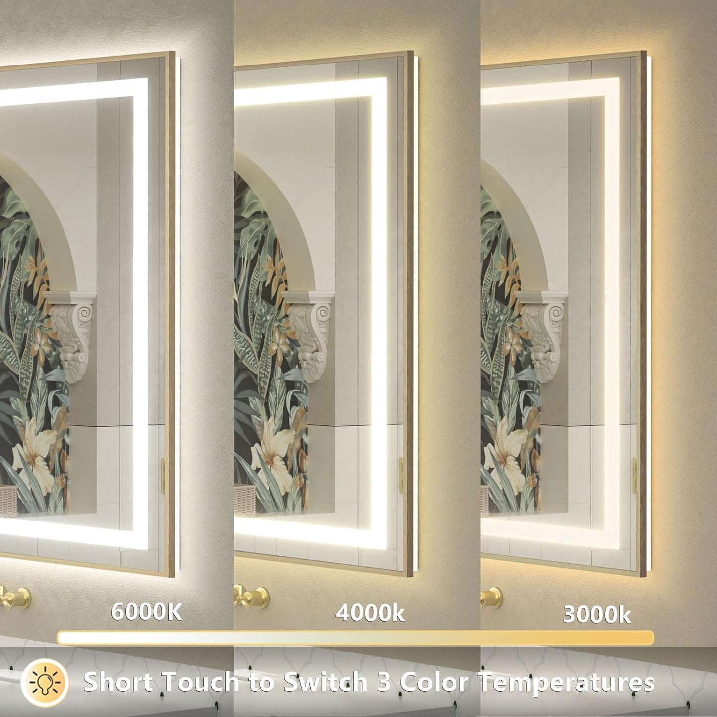 OKPAL 24x32 Gold LED Bathroom Mirror with Lights, Frontlit & Backlit Metal Framed Mirror, Lighted Bathroom Vanity Mirror, Anti-Fog, Dimmable 3 Colors, Shatterproof, Horizontal/Vertical