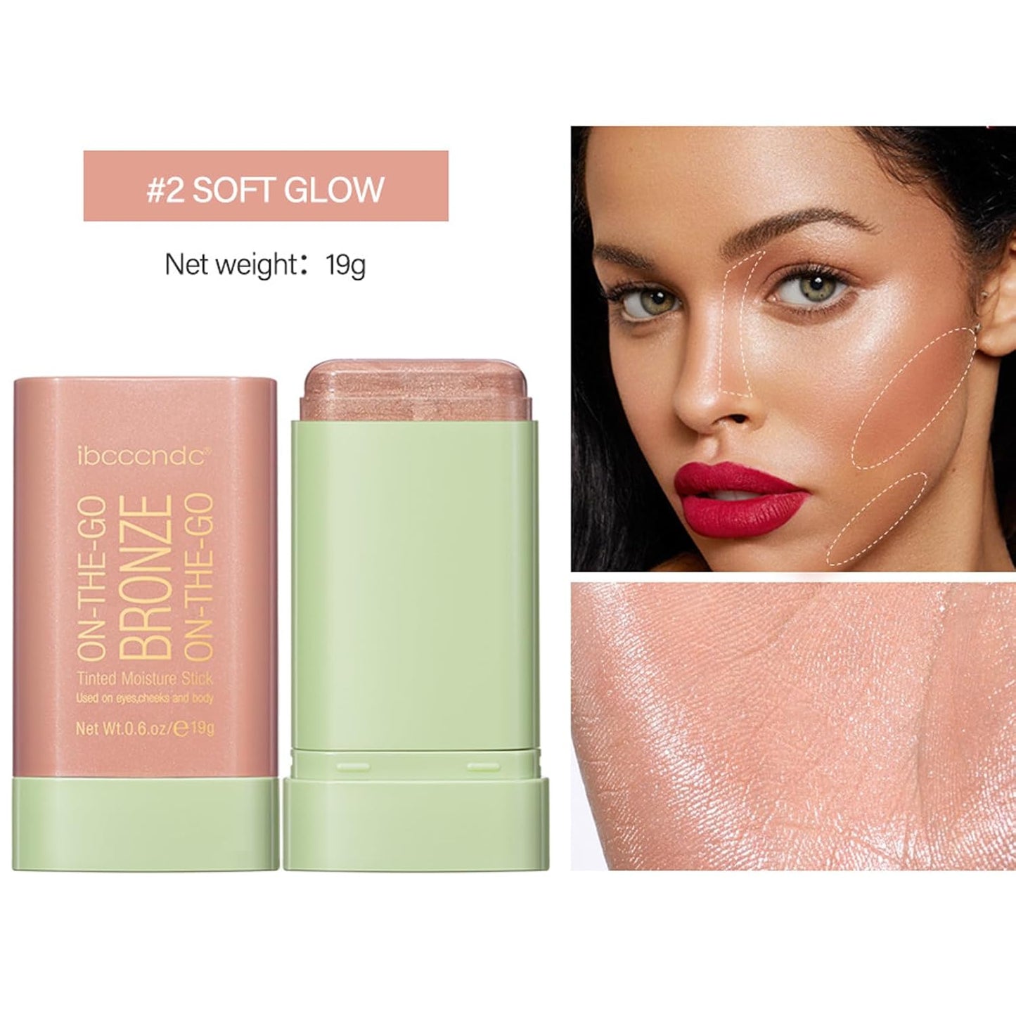 On-The-Go Bronzer Stick,Multi-Use Cream Contour Stick,Natural Long Lasting Face Bronzer,Smooth Highlighter Contour Stick,Bronze Contour Makeup Facial Shaping,02 Soft Glow