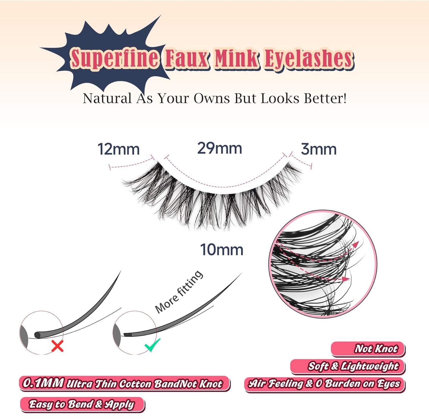 Cat Eyelashes Wispy False Eyelashes Natural 12mm Short Lashes with Thin Band Fake Eyelash 3D Volume Strip Lashes Siligli Eyelash Pack 7 Pair