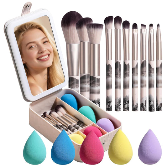 BS-MALL large Led Makeup Mirror Case Travel Makeup Brushes Set 15 Pcs – LED Light Mirror with Makeup Sponge for Enhanced Beauty Routine Desk Stand Led Mirror