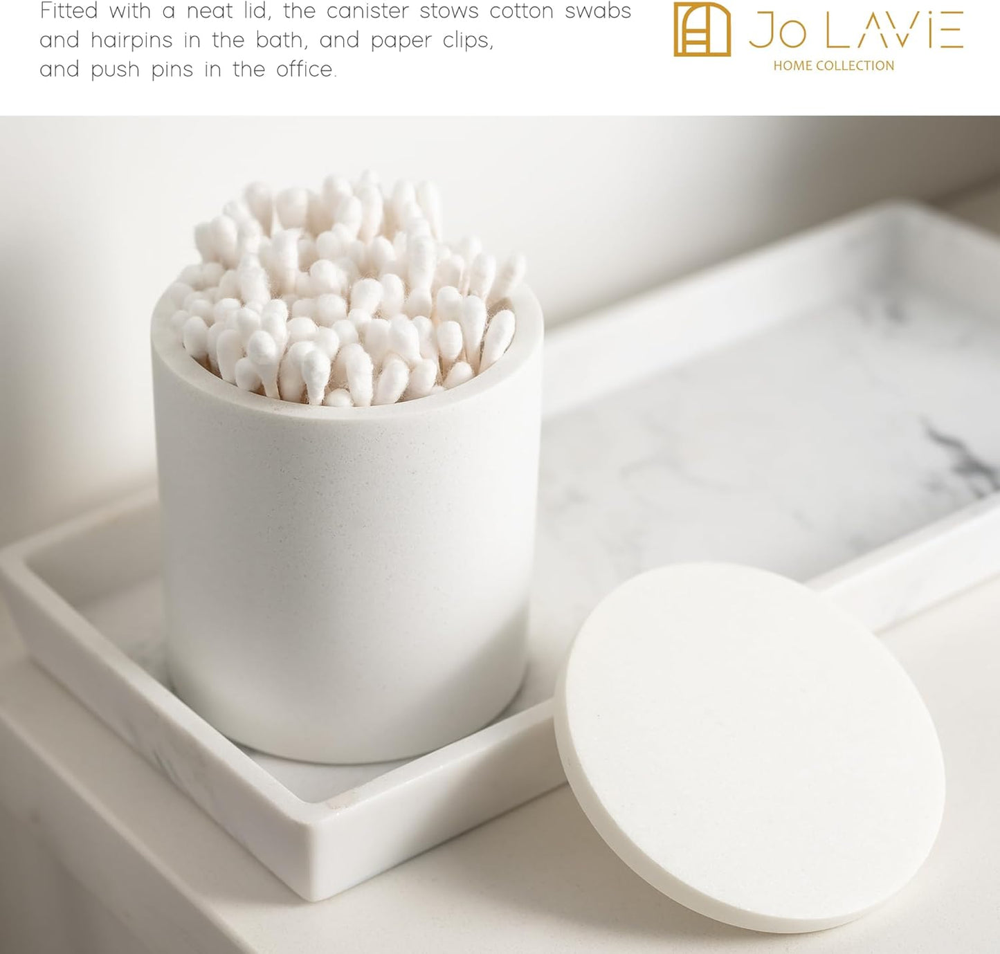 Cotton Swab Holder Bathroom Organizer – Bathroom Canisters with Lids Cotton Pad Holder for Countertop, Vanity – Luxury Apothecary Jars with Lids Hold Swabs, Makeup Pads (White)