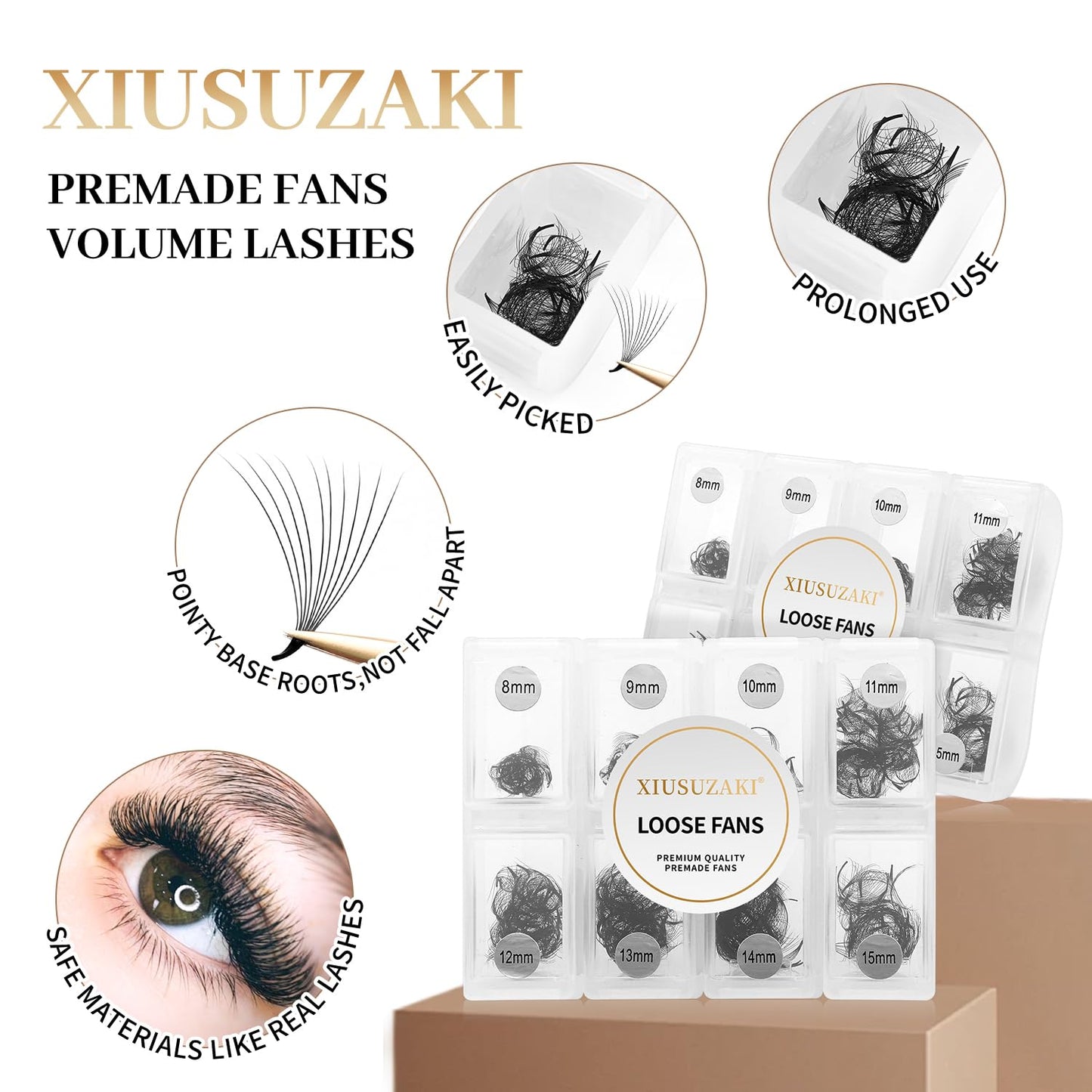 Premade Fans Eyelash Extensions - 600 Fans 9D Volume - 0.07 Thickness - C Curl - Mix 8-15mm