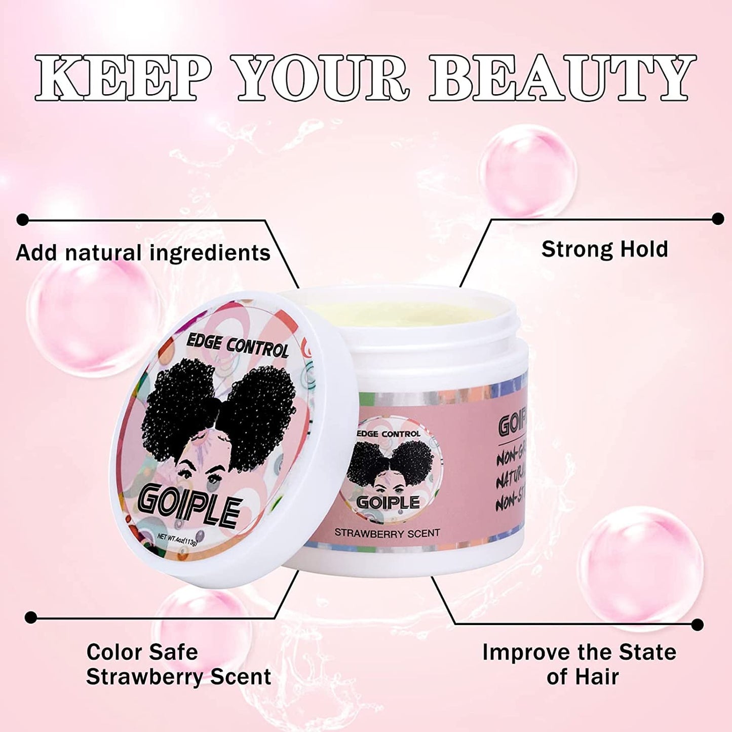 Goiple Edge Control Wax for Women Strong Hold Non-greasy Edge Smoother Strawberry Scent (4oz Edge Control Wax + Edge Brushes*2 + Pink Elastic Bands*2)