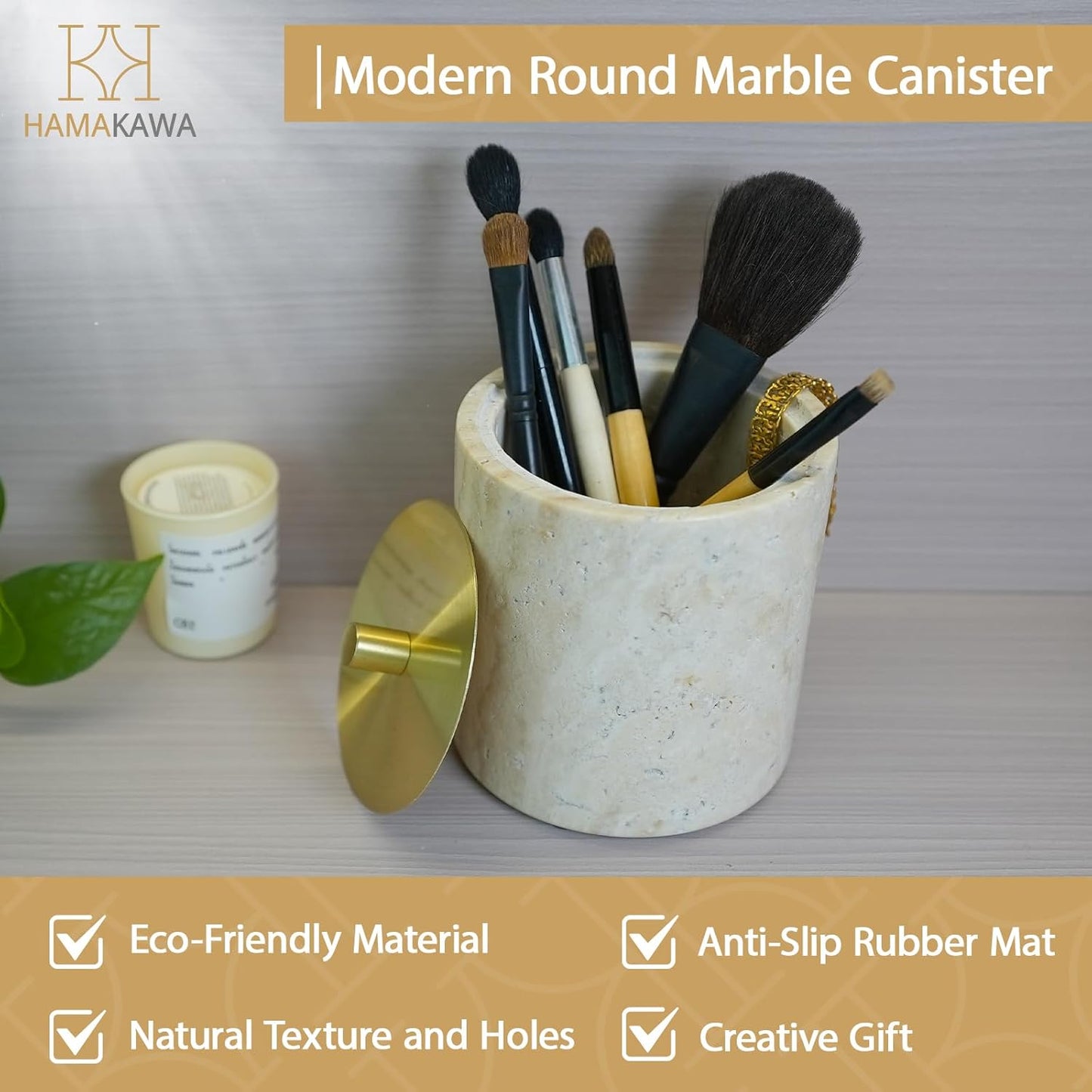 Qtip Holder With Brass Lib, Beige Travertine Cotton Swab Jars 4 Inch, Modern Round Marble Canister, Small Apothecary Storage Jars for Bathroom, Bedroom, Vanity, Kitchen Cabinet