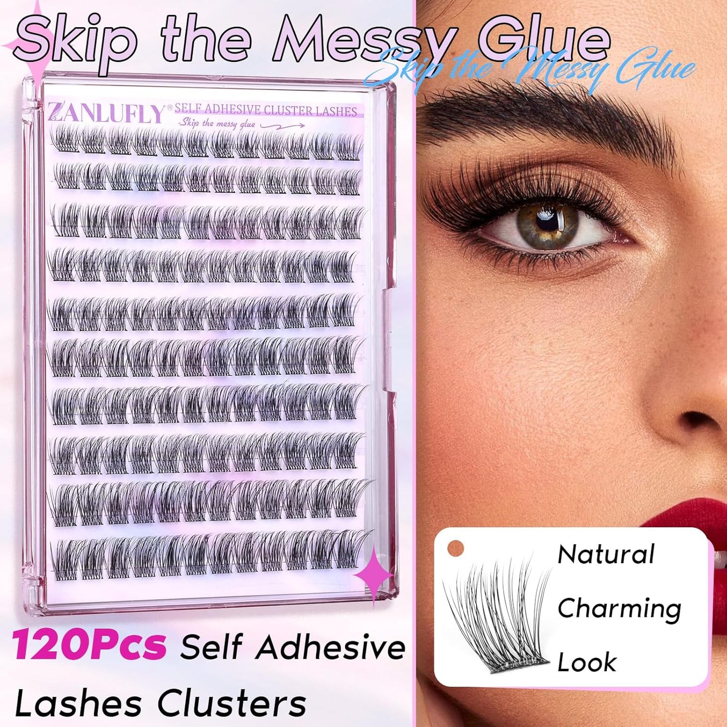 Self Adhesive Cluster Lashes Natural No Glue Eyelash Clusters Self Adhesive Individual Lashes with Clear Strips 10-16MM Wispy DIY Eyelash Extensions by ZANLUFLY