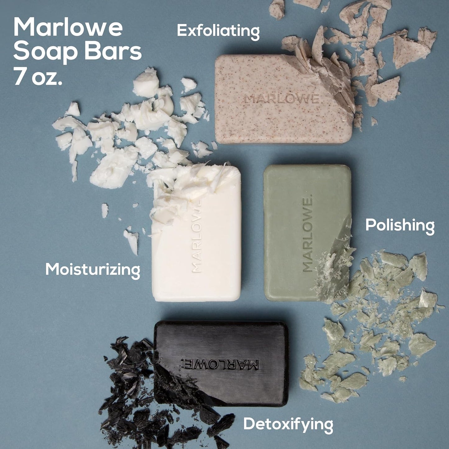 MARLOWE. Soap Discovery Gift Set, Mens Skin Care Variety Selection of Exfoliating Body Scrub, Charcoal, Moisturizing & Polishing Body Bar Soaps for Men, 4 Pack