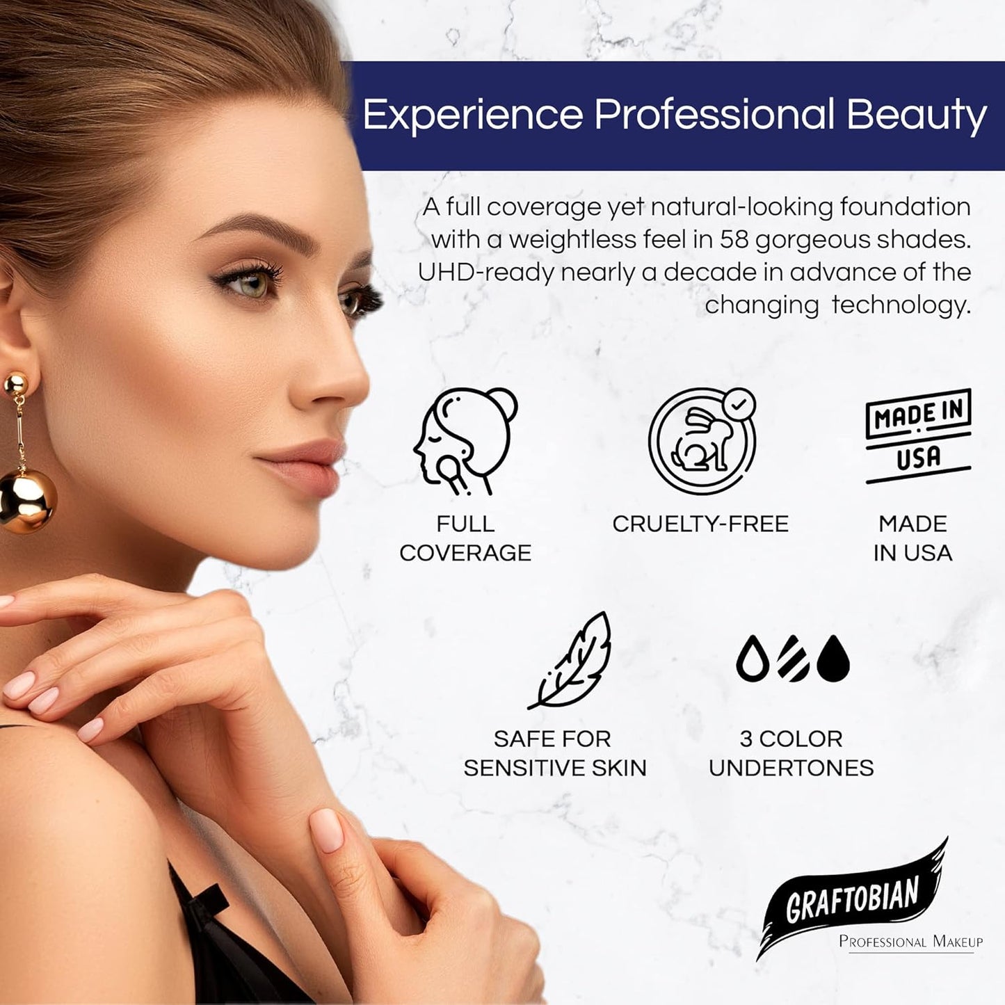 Graftobian HD Glamour Crème Foundation 1/2oz, Weightless Full Coverage Makeup, 65 Inclusive Shades, For All Skin Types, Natural or Full-Glam Looks, For Professionals and Beginners, Sable